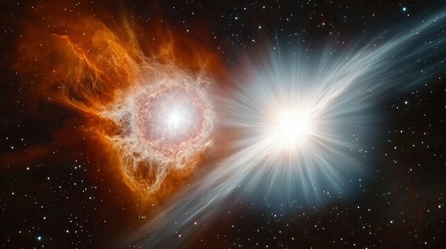 Cosmic illustration showing two bright celestial objects with radiating energy and nebulas