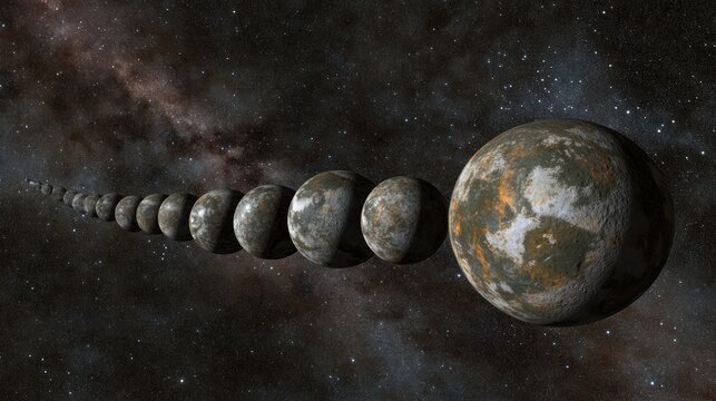 Series of planets, diminishing size, journeying through a starry expanse, galactic background