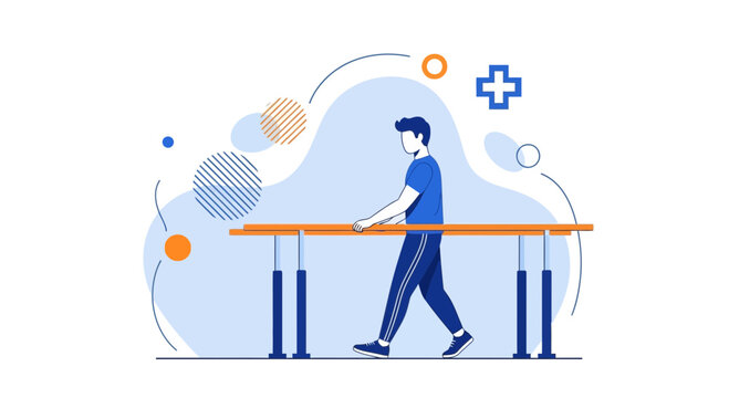 Physical therapy patient walking with parallel bars for rehabilitation and recovery