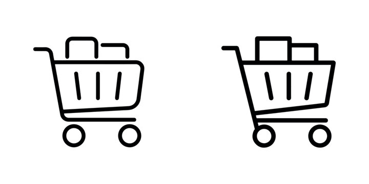 Shopping cart icons with product boxes illustrating e-commerce retail and online store checkout process for consumer purchasing or grocery delivery app