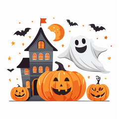 Fototapeta premium Halloween scene with haunted house and pumpkins.