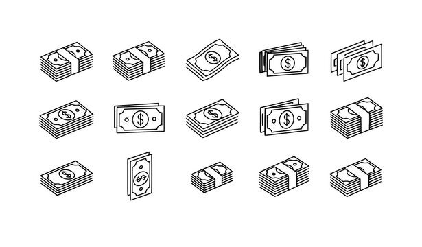 Minimal money bill silhouette icon set cash stack currency notes vector modern finance outline design collection