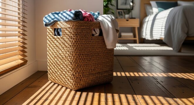 Overflowing woven laundry hamper filled with colorful clothes on a wooden floor bathed in sunlight and shadows