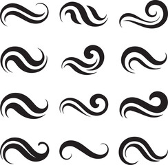 Fototapeta premium Kinds of Collection of black stylized swirl and wave vector elements featuring various organic, fluid, and decorative shapes with smooth flowing lines