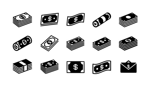 Money bill silhouette icon set cash stack currency notes vector financial business black finance collection