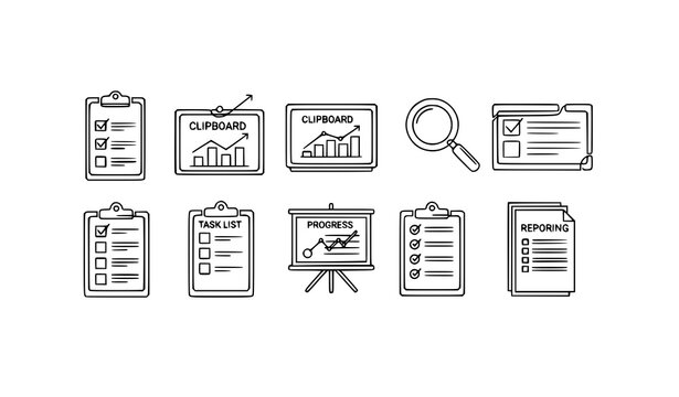Minimal clipboard icon set checklist charts magnifier productivity business workflow vector modern outline design