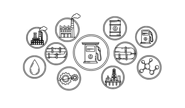 Oil and gas icons in circle frames energy industry symbols factory pump pipeline drilling rig outline vector collection
