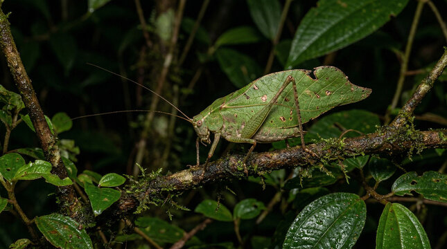 Leaf Mimic Katydid in a rainforest shrub at night in Ecuador.
