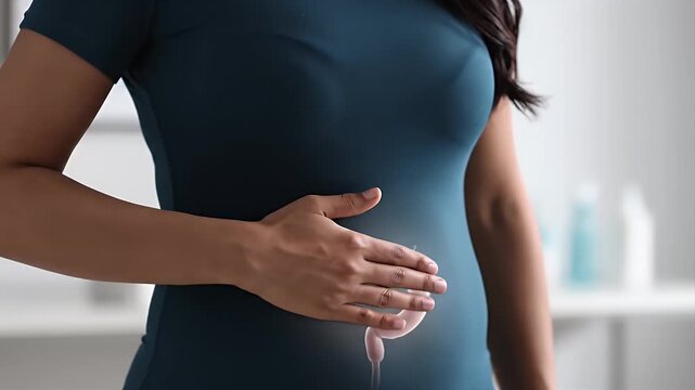 Middle Eastern Woman in Dark Teal Shirt Holding Abdomen with Digestive System Overlay Medical Concept