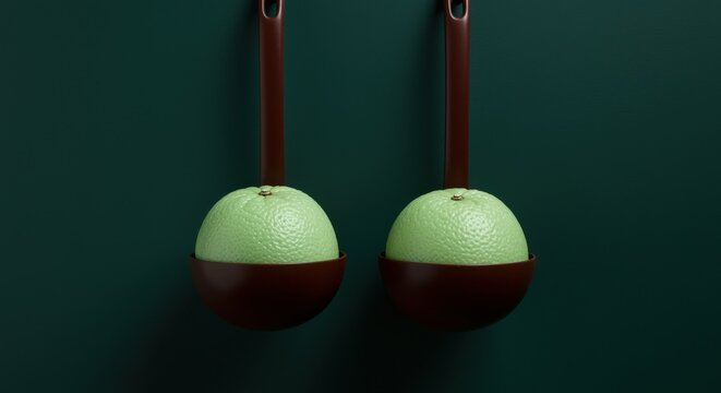 Two soft mint green oranges resting in brown metal ladles on a dark green wall, creative health awareness and woman wellness concept with copy space