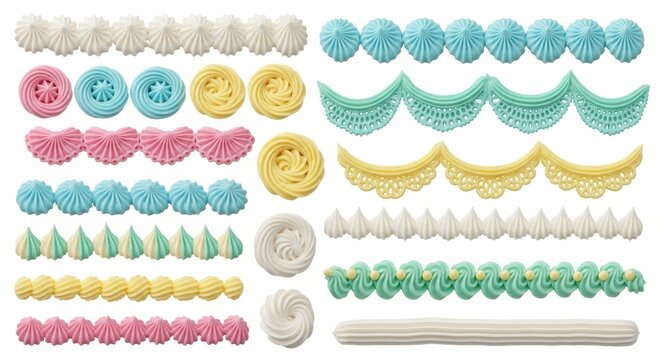 Pastel buttercream frosting borders and swirls, decorative cake icing piping set, colorful whipped cream decorations on white background