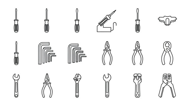 Collection of hand tools outline icons on transparent grid background.