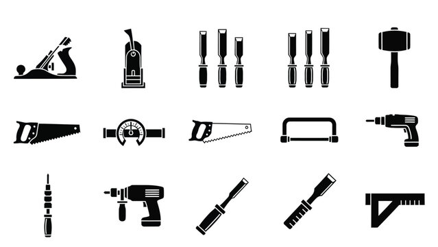 Industrial carpentry and woodworking tools icons set in black silhouette style for construction and design.