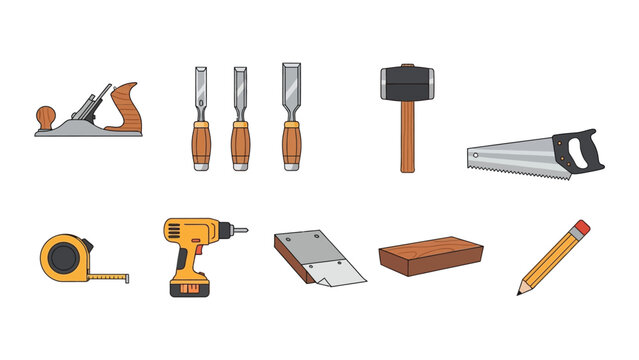 Woodworking equipment set featuring hand plane chisels mallet saw power drill and craft materials.