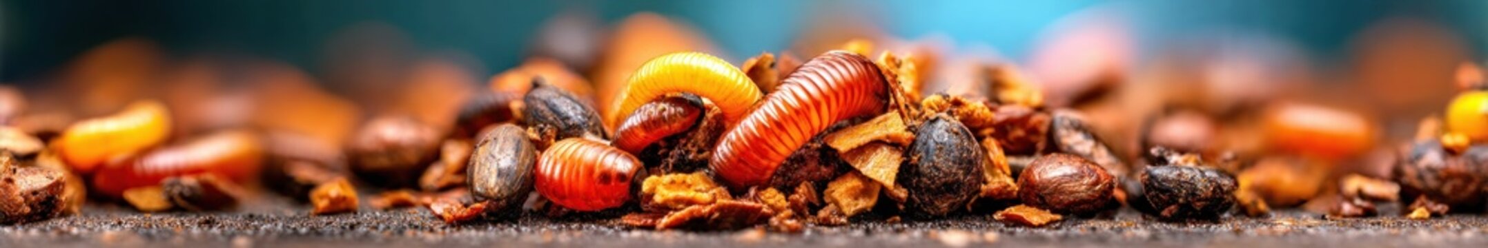 Macro close up of colorful beetle larvae pupae in soil substrate for insect biology world environment day entomology biodiversity soil ecosystem