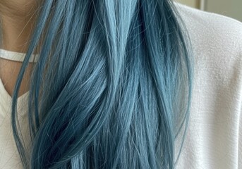Fototapeta premium Sky blue silky hair strands resting on a white shoulder area for hair product packaging and salon treatment advertisement, featuring glossy refined texture and highlights