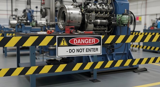 A warning sign on a machine in an industrial setting indicates danger do not enter.