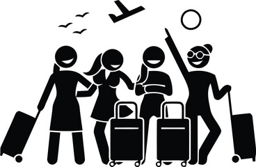 Group of Happy Travelers with Suitcases at Airport Silhouette, Summer Vacation and Tourism Concept Vector Illustration © iank