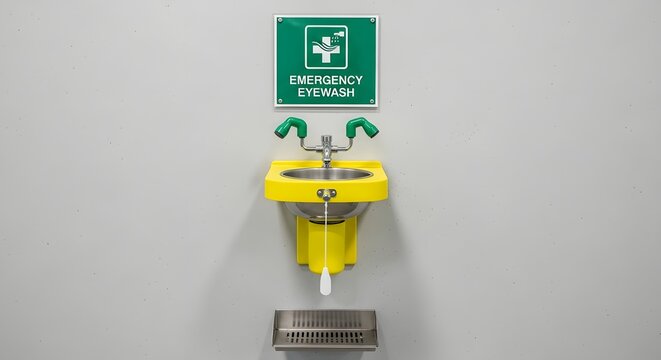 Emergency eyewash station mounted on wall with yellow basin faucet