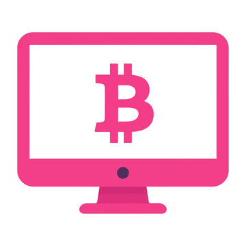 Vector of a pink computer monitor displaying the bitcoin logo.