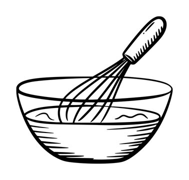 Hand-drawn black and white whisk mixing ingredients in a clear glass bowl cooking
