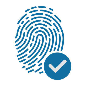 Vector graphic of a blue fingerprint with a checkmark symbolizing secure identity verification