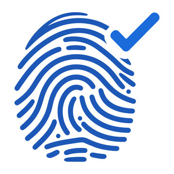 Vector graphic of a blue fingerprint with a checkmark indicating verification or approval.