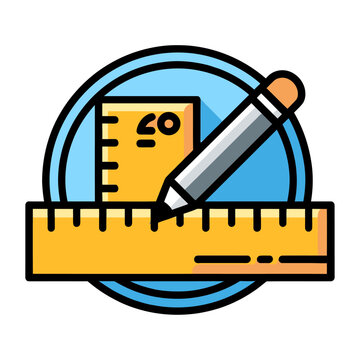Vector graphic of a pencil and ruler with a protractor in a blue circle for architecture and design