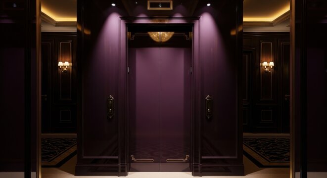 Elegant Purple Elevator Doors in a Luxurious Interior with Warm Lighting Accents