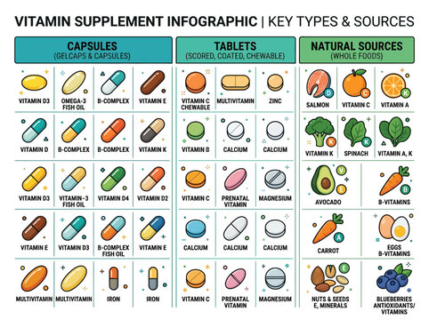 Comprehensive Infographic Illustrating Key Vitamin Supplement Types, Forms, and Natural Food Sources for Daily Health and Wellness
