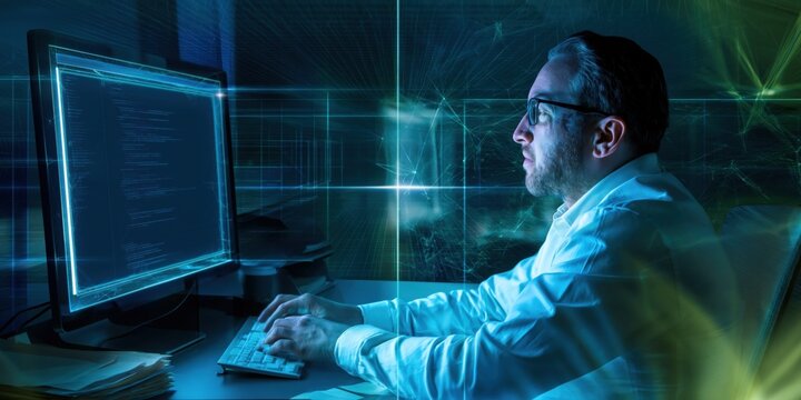 Software engineer working on computer code in a dark data center office with holographic overlays for cybersecurity and artificial intelligence concepts