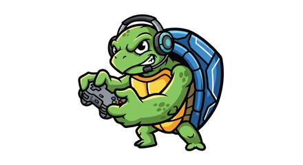 Obraz premium Cartoon turtle character with headset and game controller