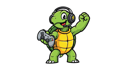 Obraz premium Cartoon turtle gamer with headset and game controller on white background