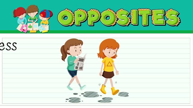 Educational animation showing opposites careless and careful with cartoon girls walking through puddles.