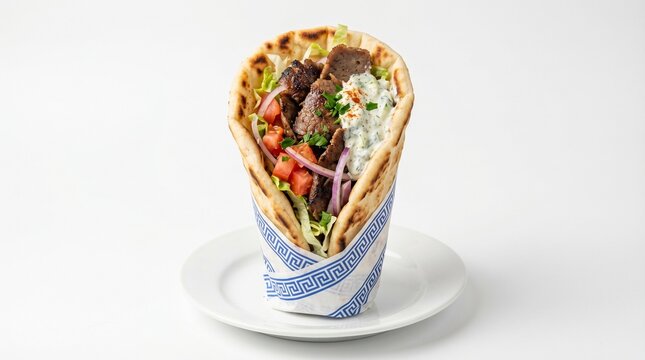 Deliciously wrapped gyro sandwich filled with meat, tomatoes, onions, and sauce on a white plate