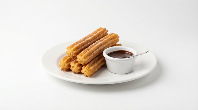 Delicious churros with chocolate dipping sauce served on a white plate, a sweet treat