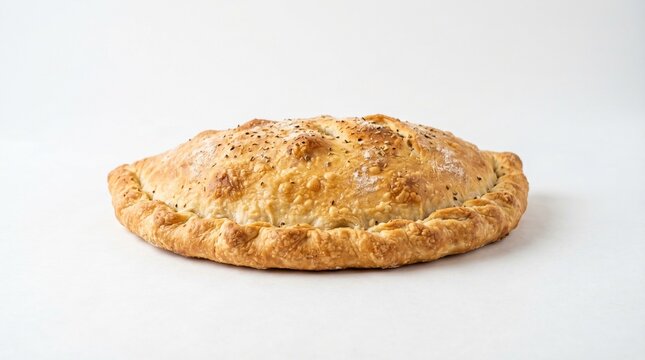 Hearty golden-baked calzone, a delectable savory turnover, featuring a perfectly crusted exterior and inviting textures, ready to be enjoyed as a satisfying meal
