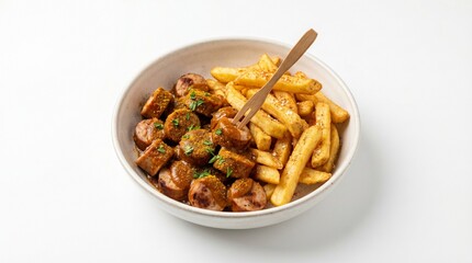 Fototapeta premium Hearty and delicious chopped sausage with crispy french fries served in a white bowl with a fork