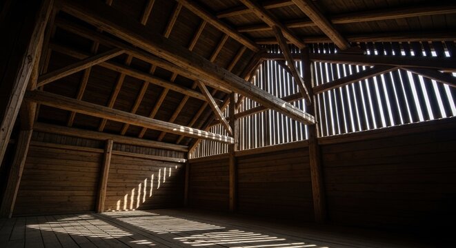 Interior View of a Rustic Wooden Barn With Sunlight Streaming Through Slatted Walls