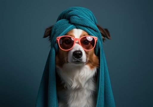Border collie dog wearing coral pink sunglasses and a teal towel turban looking at camera for a summer travel promotion and pet care advertisement