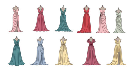 Collection of various elegant long evening dresses and gowns in different colors, in bright studio. © Rifki