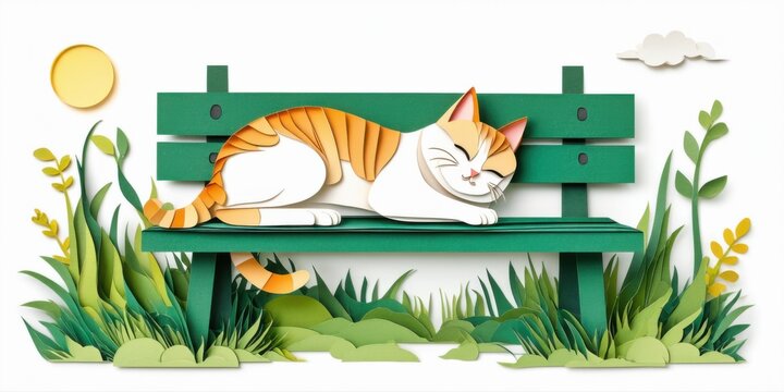 Papercraft scene depicts resting feline on green bench. Sun shines, plants surround peaceful setting. Calm, cozy vibes present.