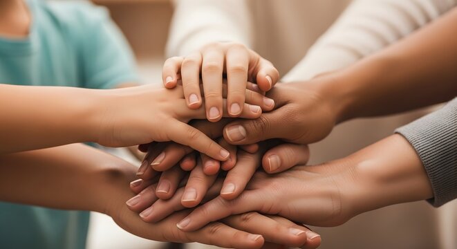 Diverse people stacking hands together in unity and support indoors