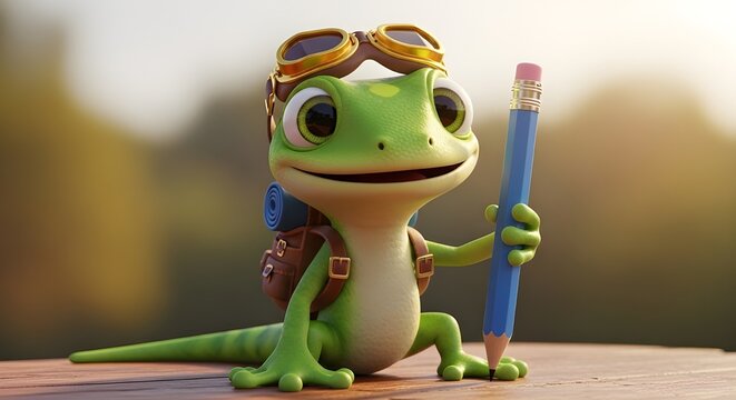 A green lizard wearing sunglasses and a backpack holds a large blue pencil on transparent background