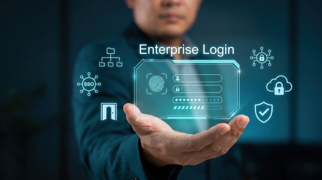 Enterprise login, Cybersecurity, SSO, Biometric authentication, Fingerprint scanner, Data protection, Network security shown on futuristic digital interface for corporate access.