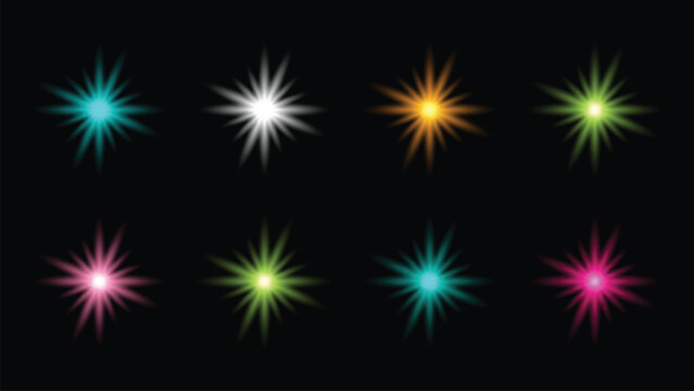 Collection of eight vibrant colorful starburst and sparkling lens flare vector graphic design elements isolated on black background