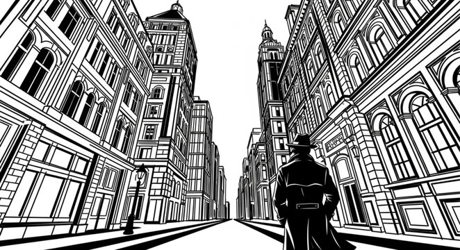 Silhouette in Urban Landscape - A Noir-Inspired Cityscape.