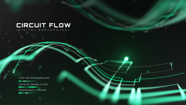 Abstract green background with digital circuit data flow. Futuristic technology network system showing neon glow line wave. Vector illustration.