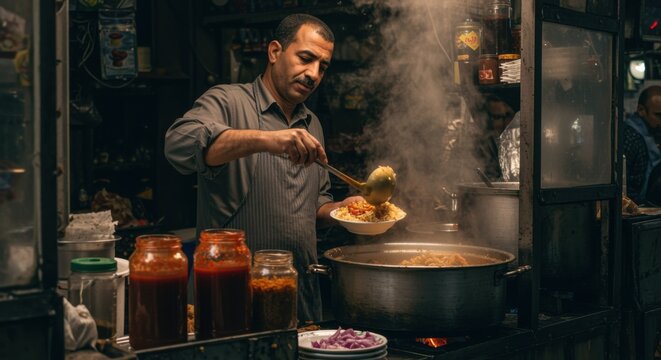 Mature street food vendor ladles steaming hot koshari into a bowl at an authentic outdoor stall with urban atmosphere, cultural cuisine and local travel