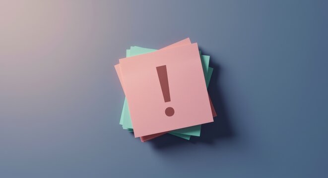 Pink adhesive note with exclamation mark on a stack of paper over a blue background for urgent safety awareness and cautionary alert messages with copy space